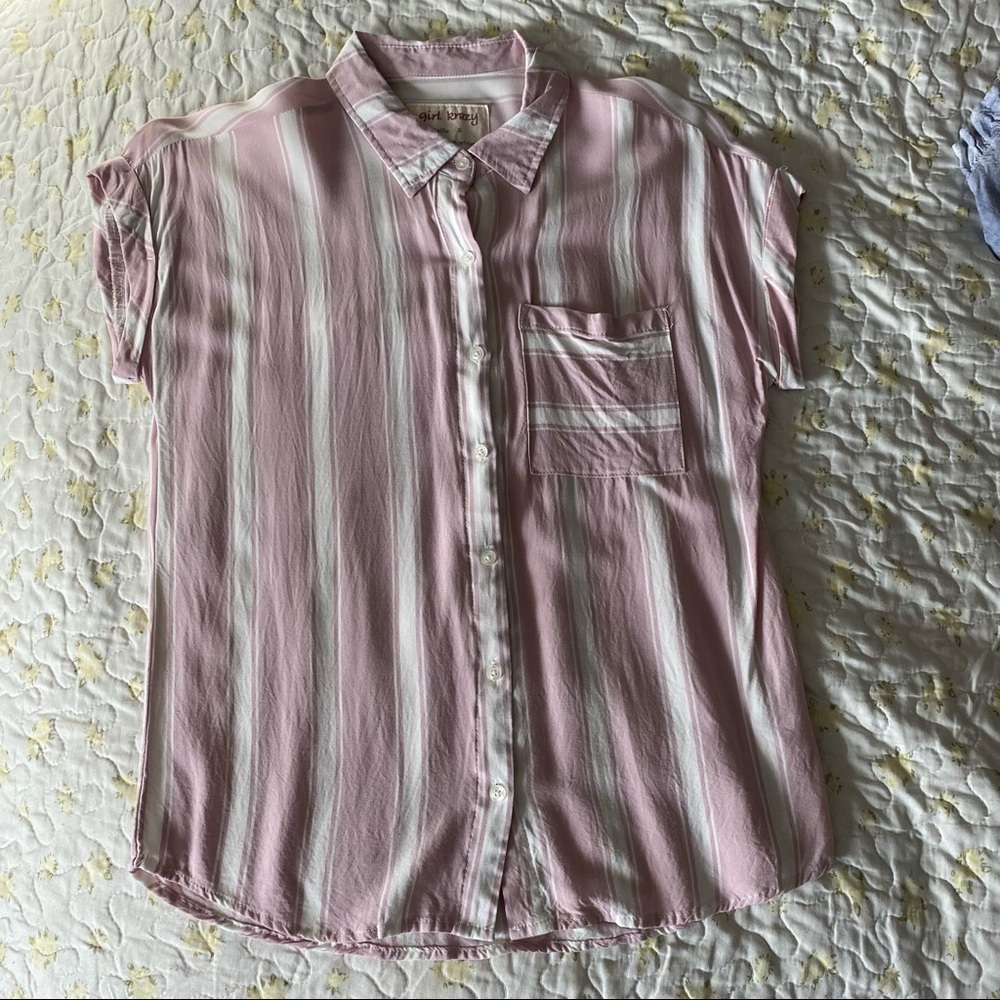 Pink & White Striped Button Down Short Sleeve